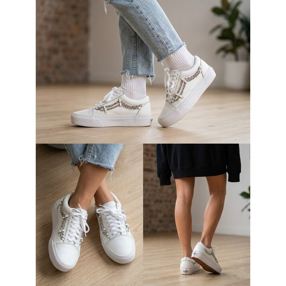 Vans Old Skool Platform Chain White Leather Women’s 7.5 Men’s 6.0 VN0A3BU2TL